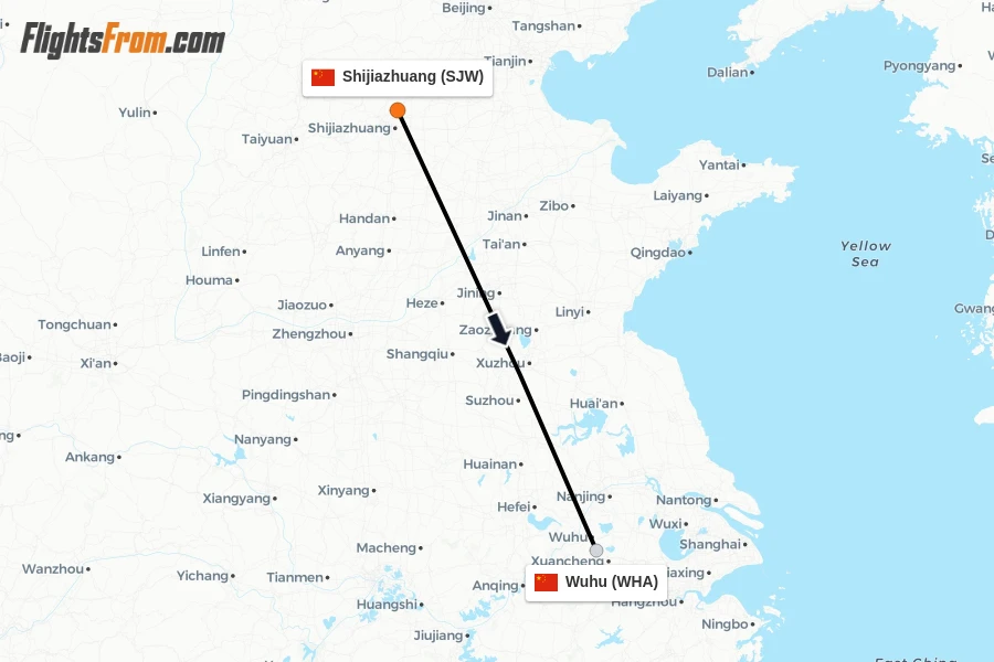 Flights from Shijiazhuang to Wuhu route map