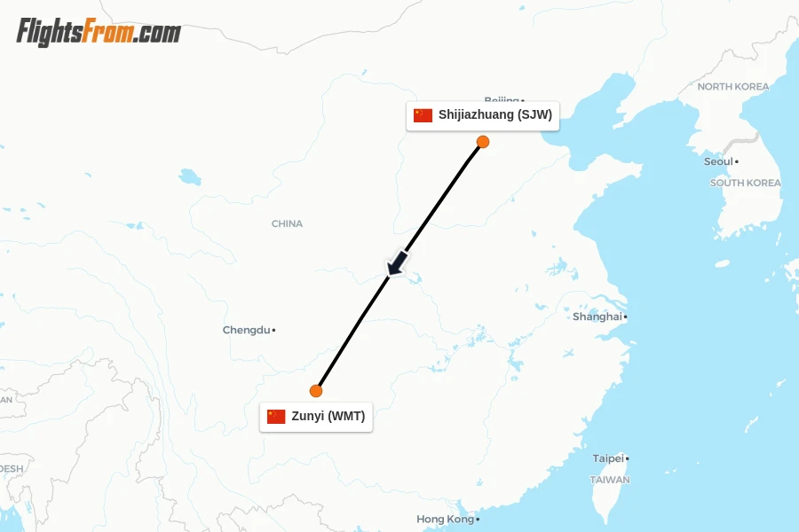 Flights from Shijiazhuang to Zunyi route map