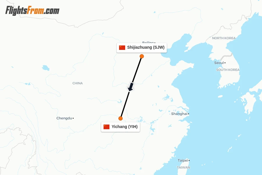 Flights from Shijiazhuang to Yichang route map