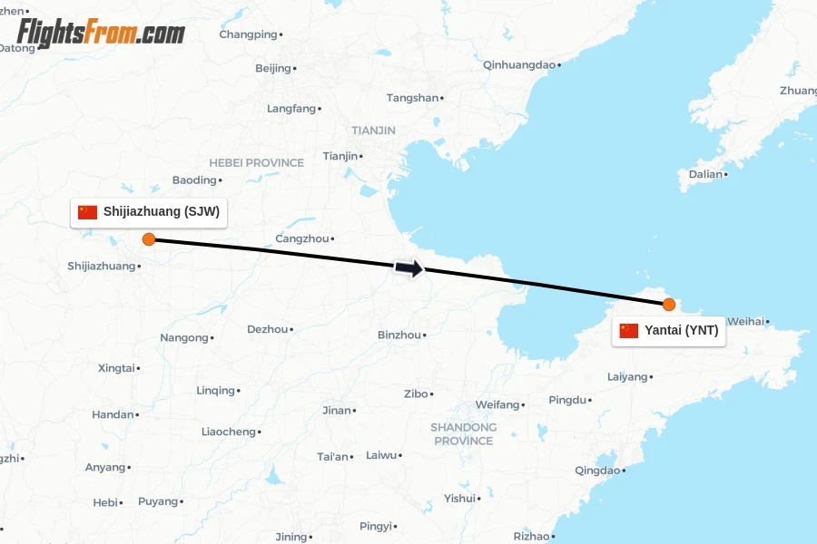 Flights from Shijiazhuang to Yantai route map