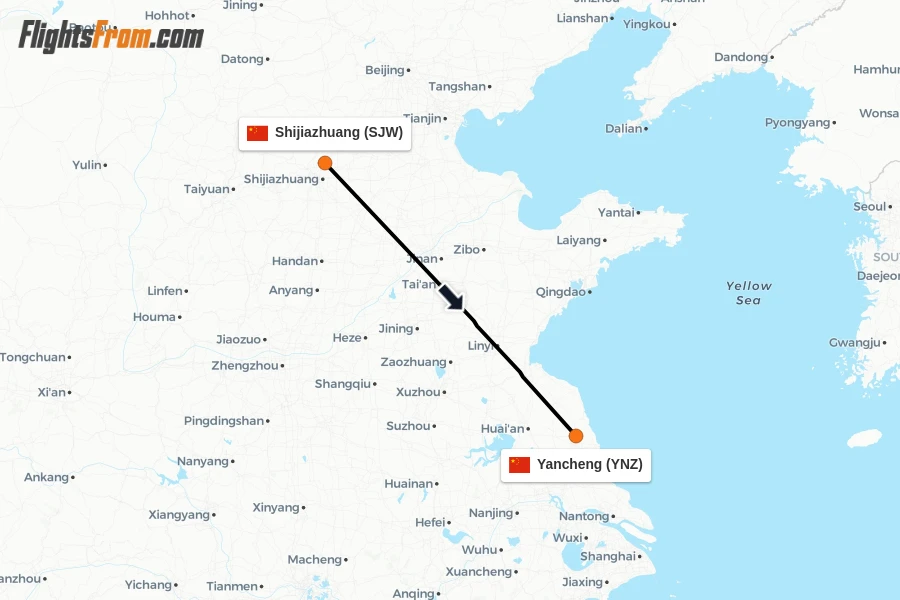 Flights from Shijiazhuang to Yancheng route map