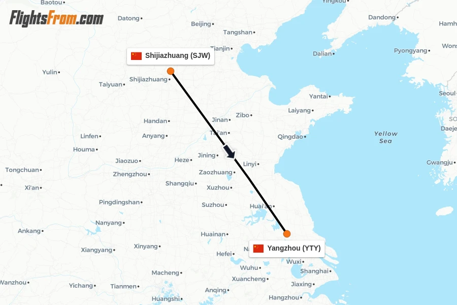 Flights from Shijiazhuang to Yangzhou route map
