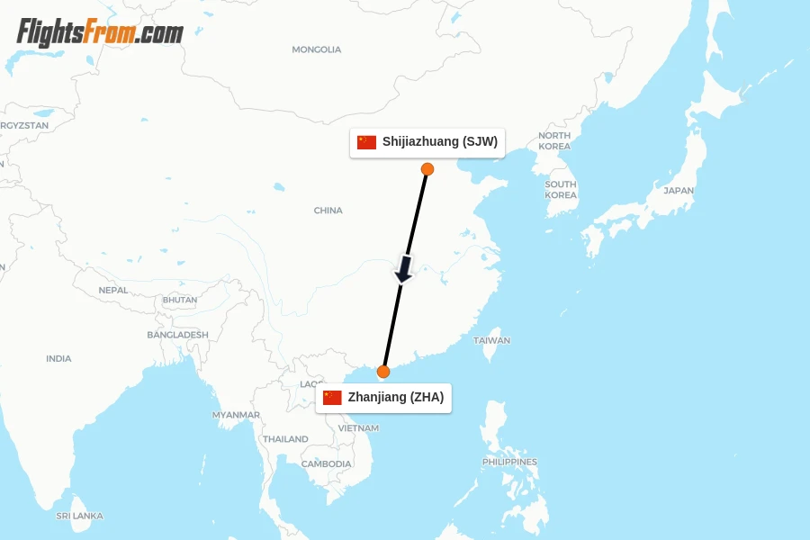 Flights from Shijiazhuang to Zhanjiang route map