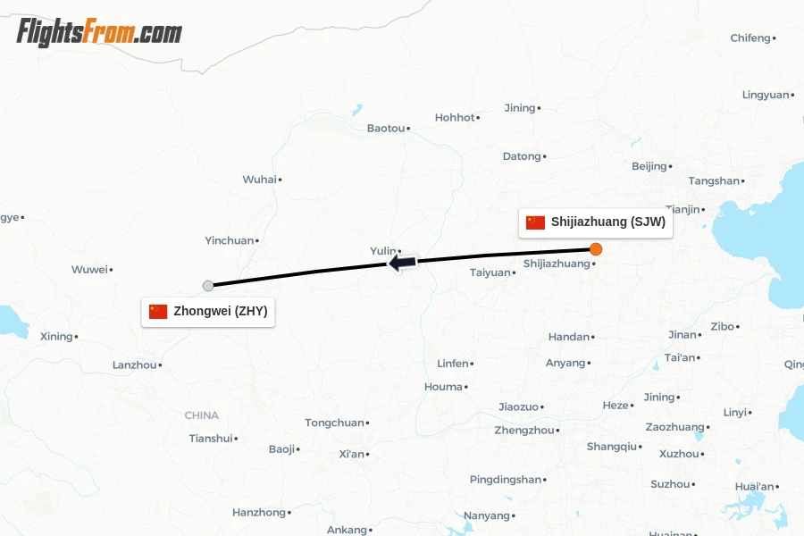 Flights from Shijiazhuang to Zhongwei route map