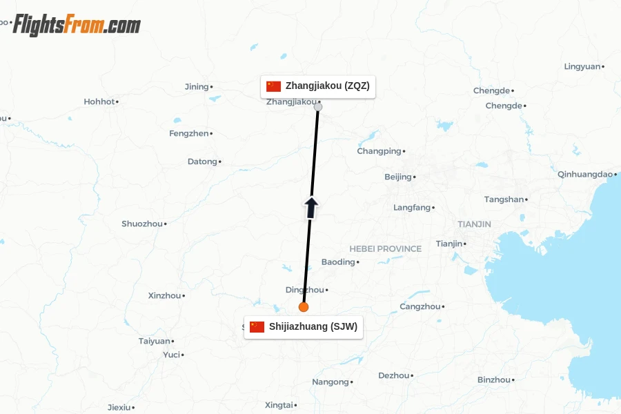 Flights from Shijiazhuang to Zhangjiakou route map