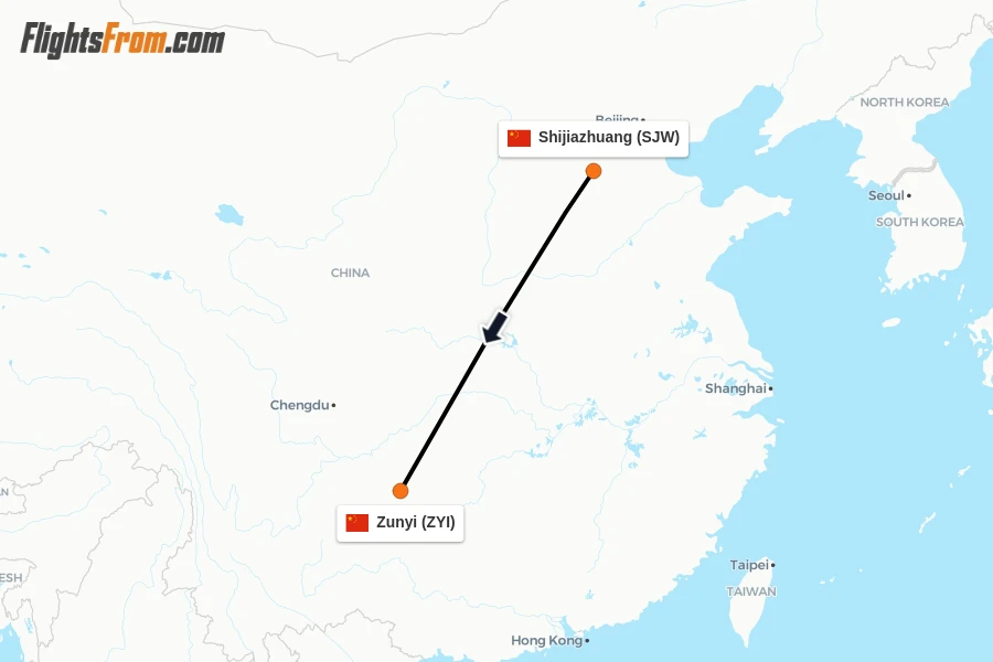 Flights from Shijiazhuang to Zunyi route map