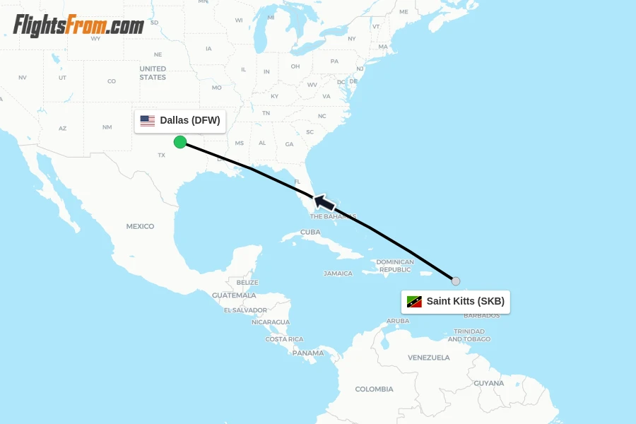 Flights from Saint Kitts to Dallas route map