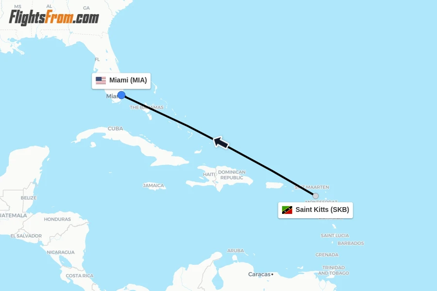 Flights from Saint Kitts to Miami route map