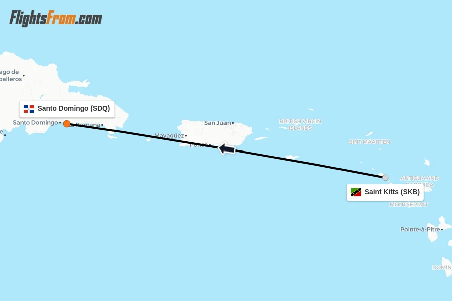 Flights from Saint Kitts to Santo Domingo route map
