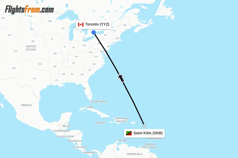 Flights from Saint Kitts to Toronto route map