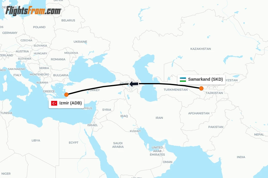 Flights from Samarkand to Izmir route map