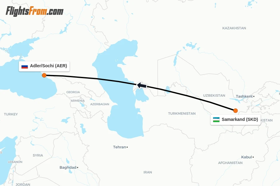 Flights from Samarkand to Adler/Sochi route map