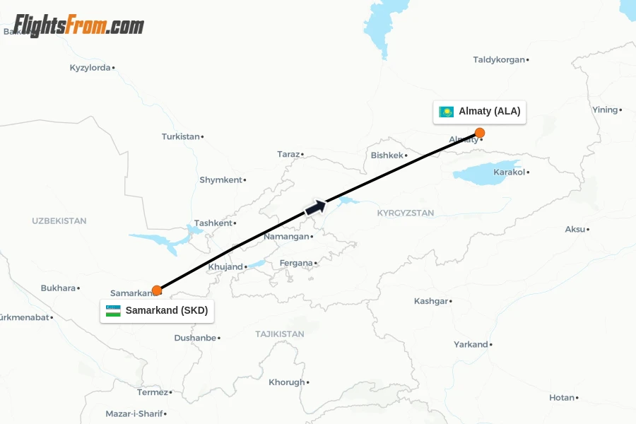 Flights from Samarkand to Almaty route map