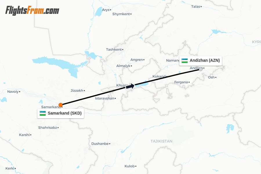 Flights from Samarkand to Andizhan route map
