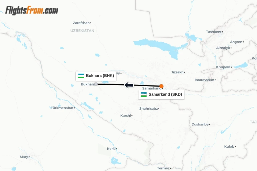 Flights from Samarkand to Bukhara route map