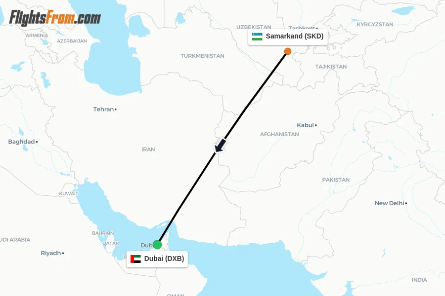 Flights from Samarkand to Dubai route map