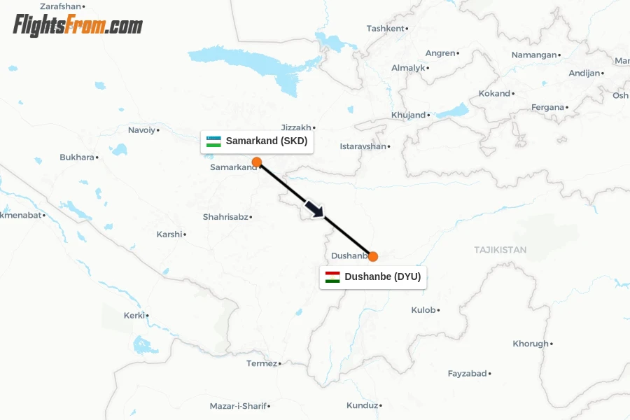 Flights from Samarkand to Dushanbe route map