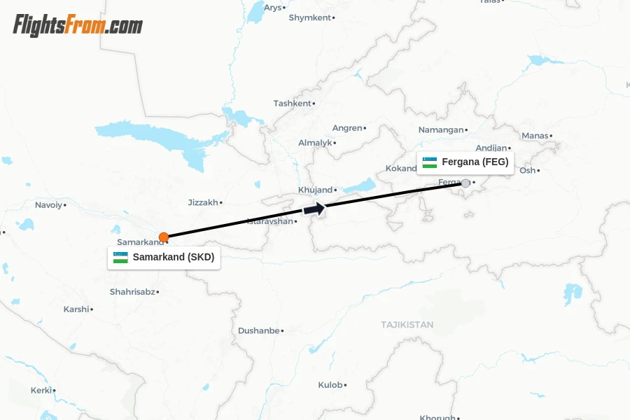 Flights from Samarkand to Fergana route map