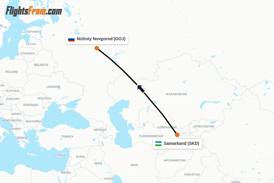 Flights from Samarkand to Nizhniy Novgorod route map