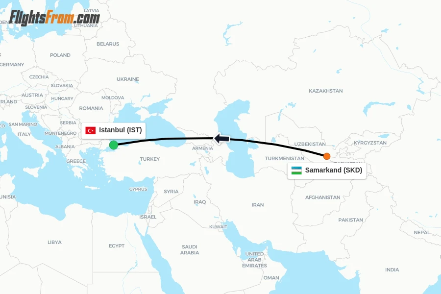 Flights from Samarkand to Istanbul route map