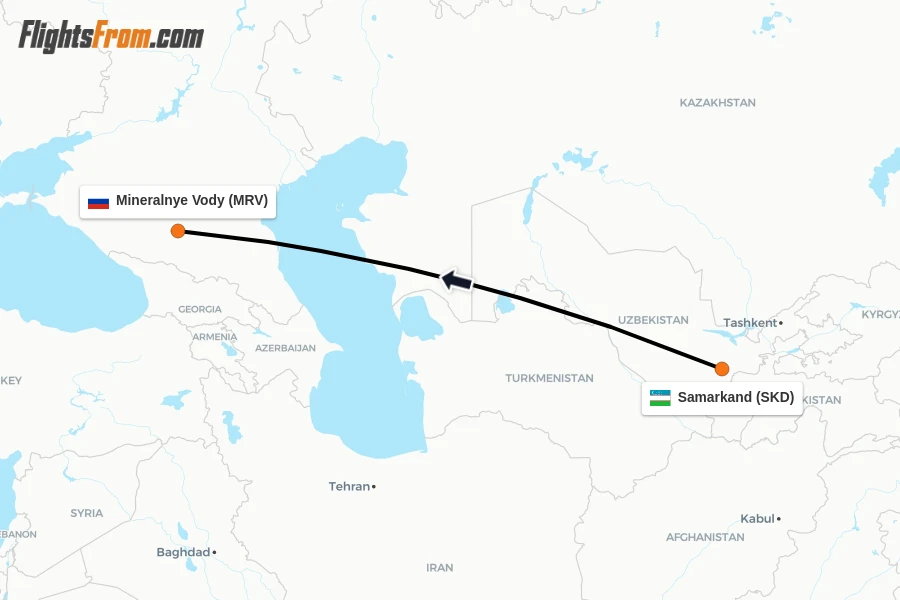 Flights from Samarkand to Mineralnye Vody route map