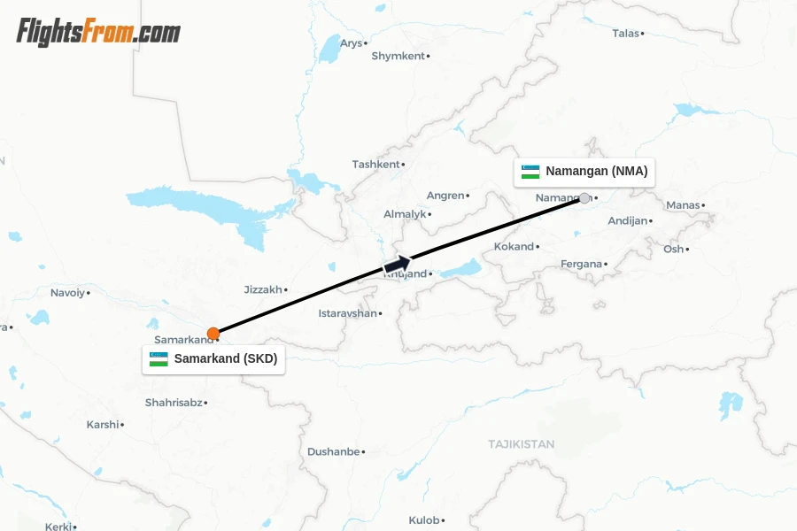 Flights from Samarkand to Namangan route map