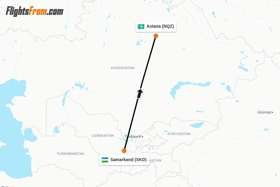 Flights from Samarkand to Astana route map
