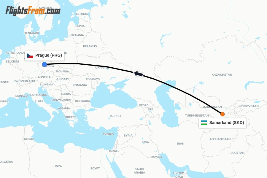 Flights from Samarkand to Prague route map