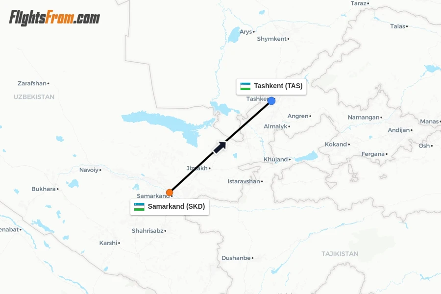 Flights from Samarkand to Tashkent route map