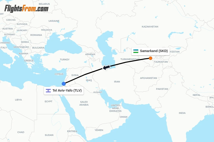 Flights from Samarkand to Tel Aviv-Yafo route map