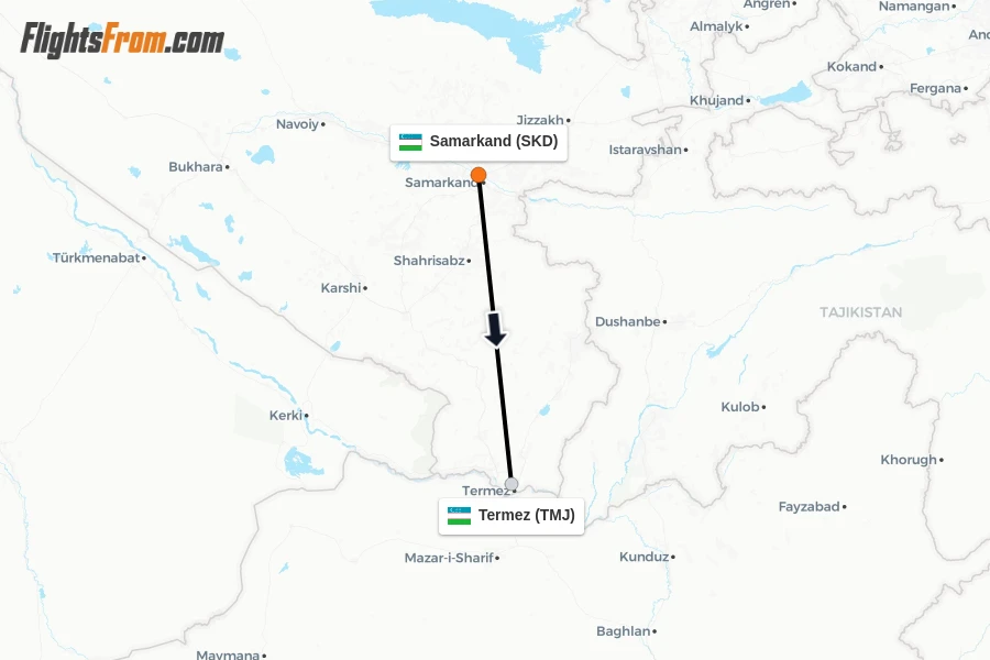 Flights from Samarkand to Termez route map