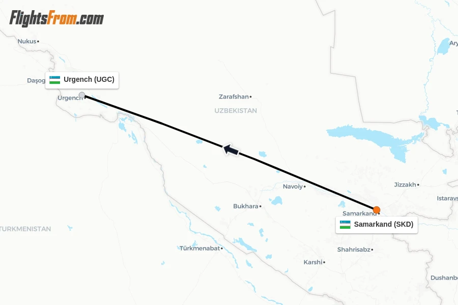 Flights from Samarkand to Urgench route map
