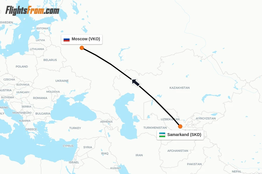 Flights from Samarkand to Moscow route map