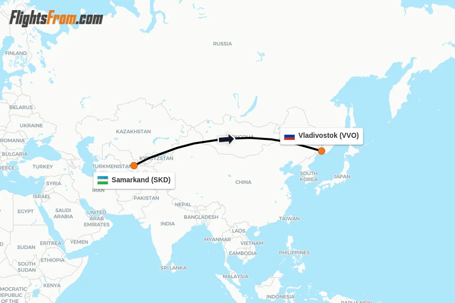 Flights from Samarkand to Vladivostok route map