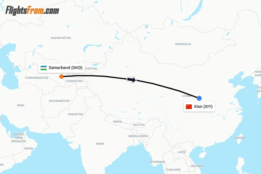 Flights from Samarkand to Xian route map