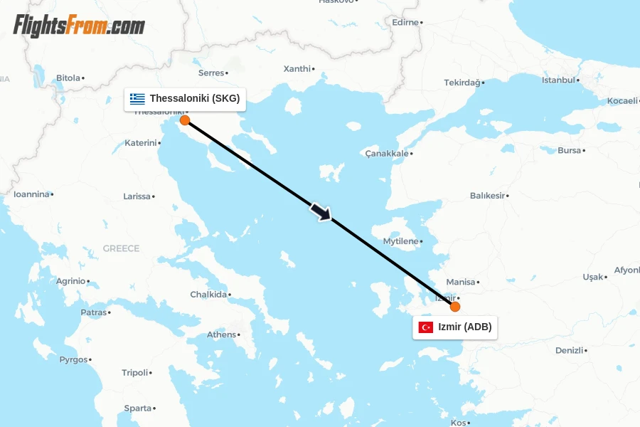 Flights from Thessaloniki to Izmir route map