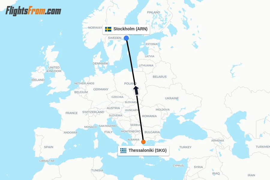 Flights from Thessaloniki to Stockholm route map