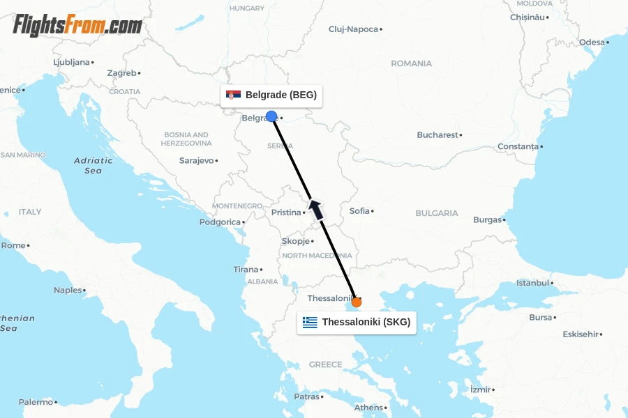 Flights from Thessaloniki to Belgrade route map