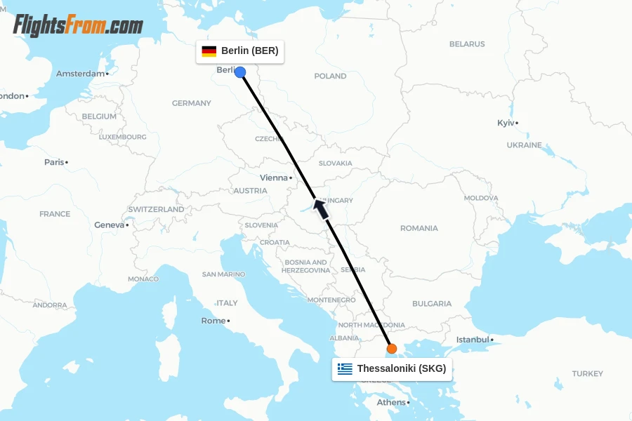 Flights from Thessaloniki to Berlin route map