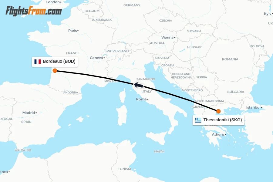 Flights from Thessaloniki to Bordeaux route map