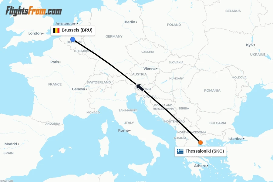 Flights from Thessaloniki to Brussels route map