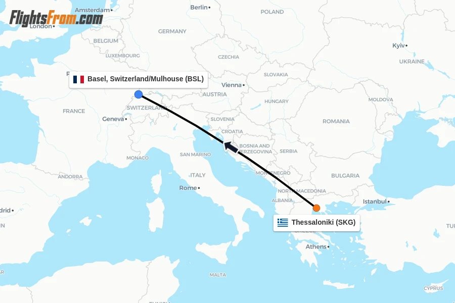 Flights from Thessaloniki to Basel, Switzerland/Mulhouse route map