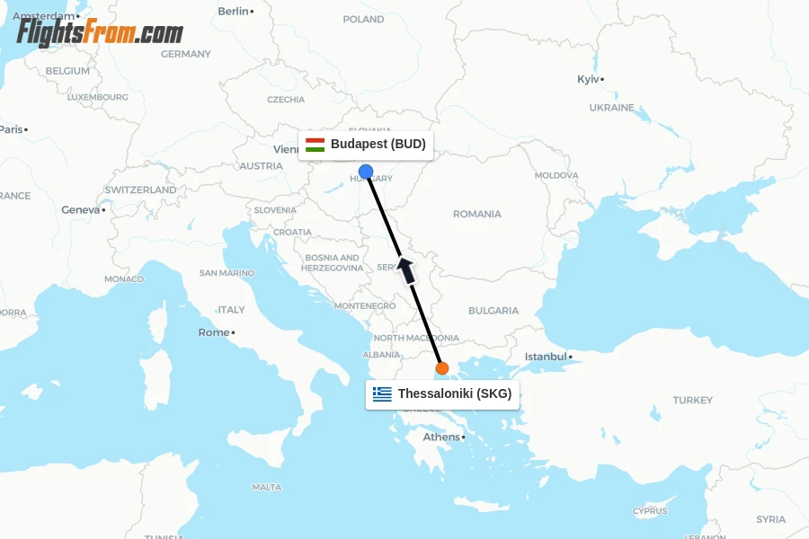 Flights from Thessaloniki to Budapest route map