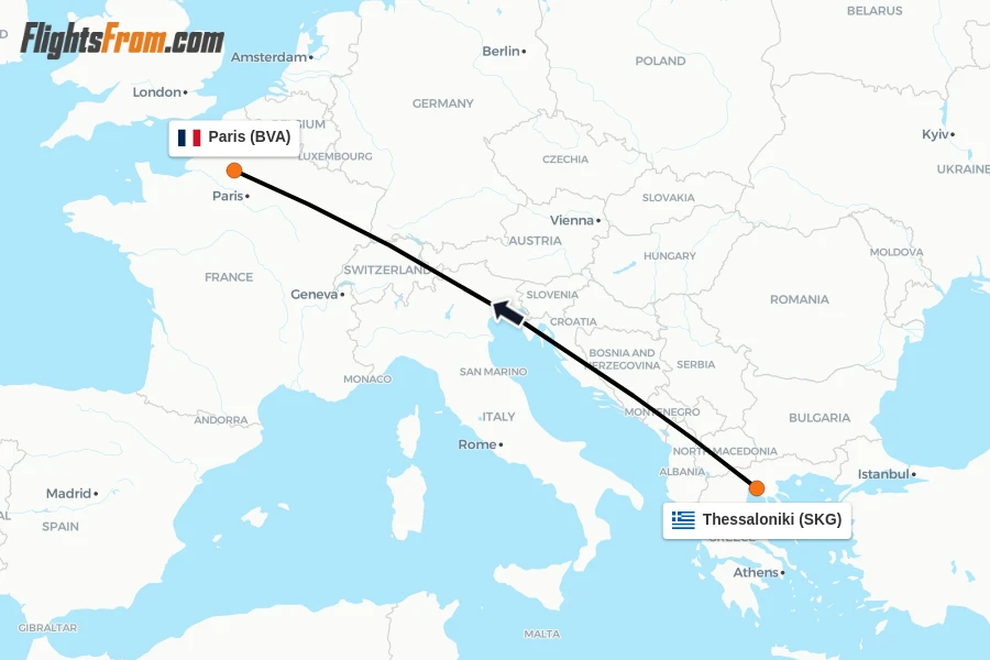 Flights from Thessaloniki to Paris route map