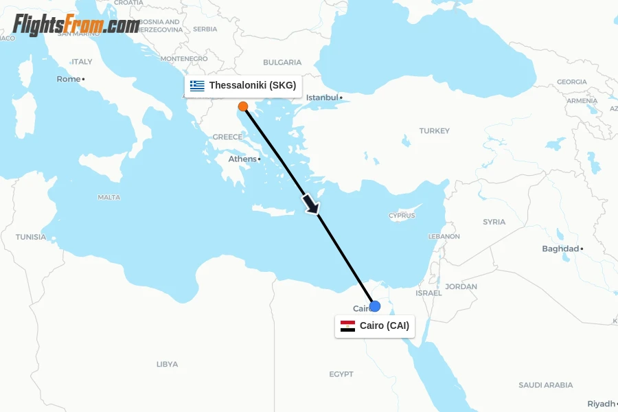Flights from Thessaloniki to Cairo route map