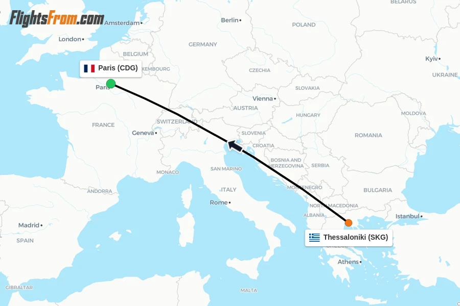 Flights from Thessaloniki to Paris route map
