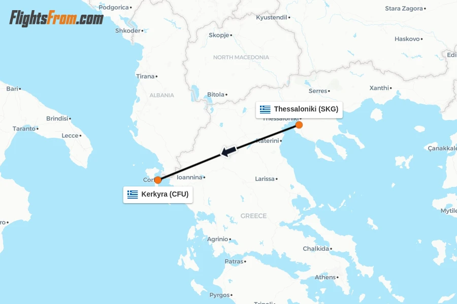 Flights from Thessaloniki to Kerkyra route map