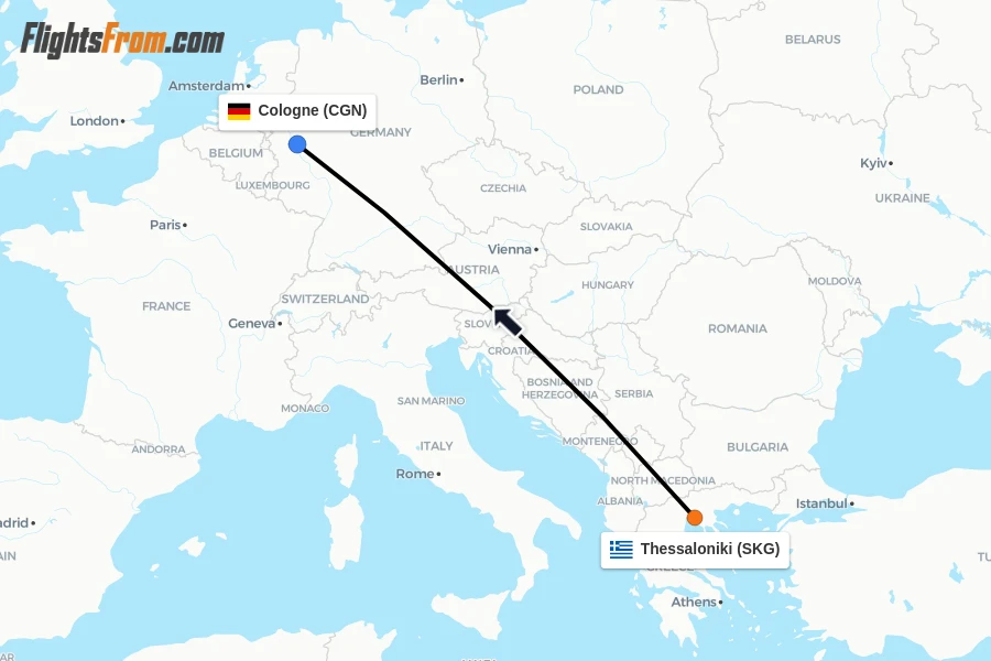 Flights from Thessaloniki to Cologne route map