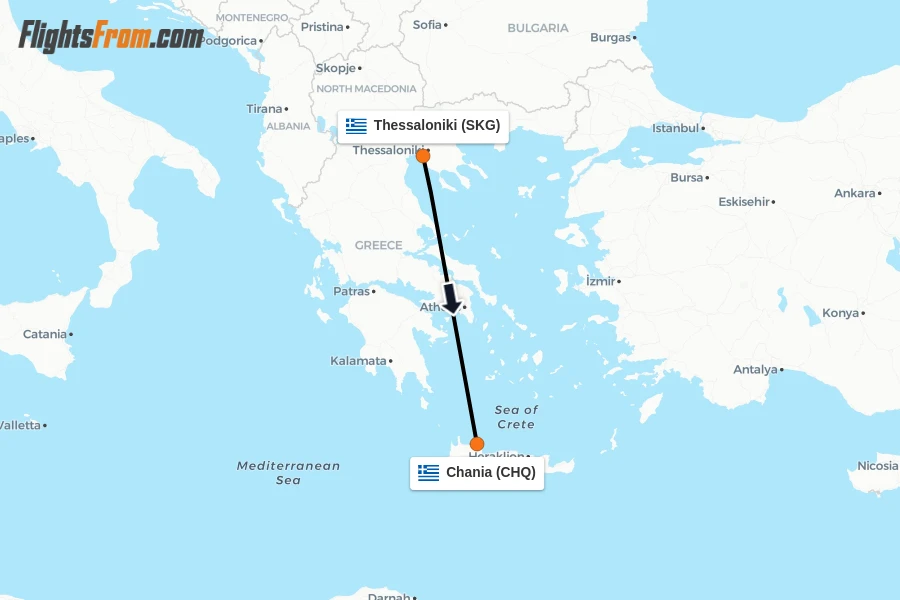 Flights from Thessaloniki to Chania route map
