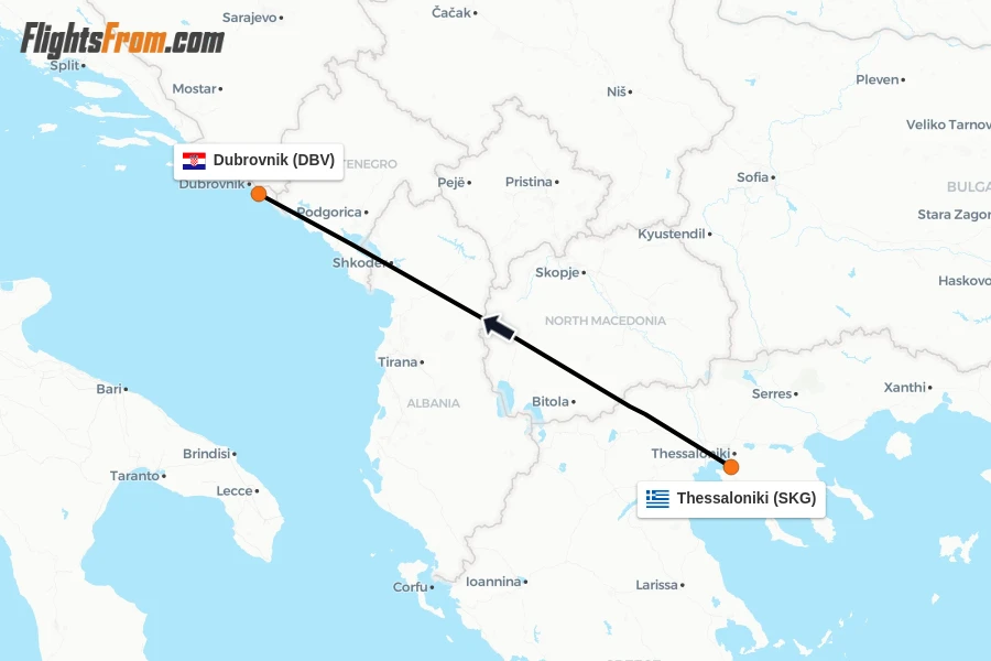 Flights from Thessaloniki to Dubrovnik route map